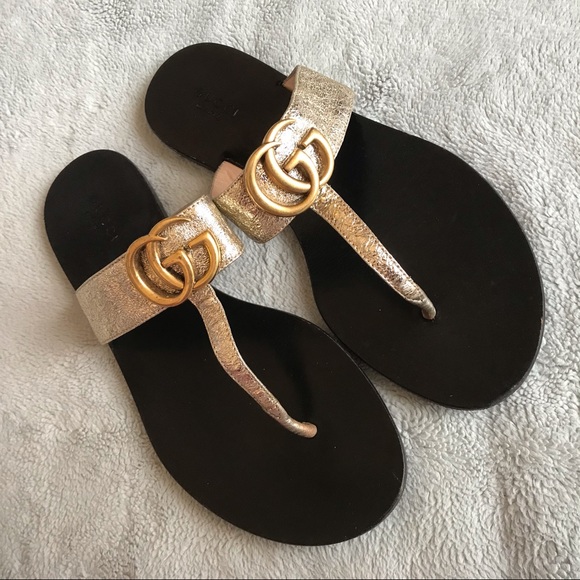 Gucci Shoes - Gucci Marmont GG Platinum Gold Thong Sandal 37